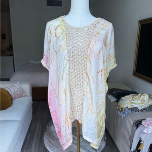 Osei Duro Silk Tie Dye Blouse Kimono M pink and yellow sheer crochet